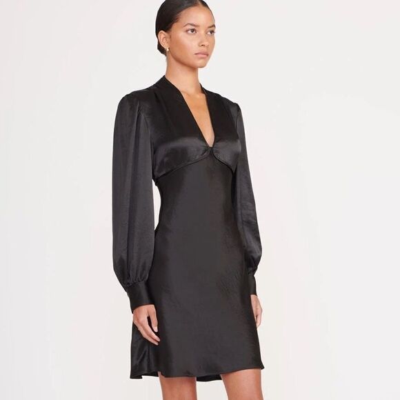 STAUD Dresses & Skirts - STAUD Rosenda Black Satin Long Sleeve Plunge Neckline Mini Dress FW 2023 Sample